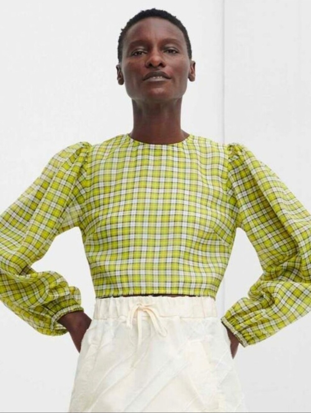 Ganni Organza Puff Sleeve Crop Blouse Size 36 4 Plaid Print Full Zip Back